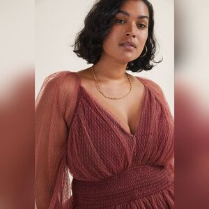 ANTHROPOLOGIE RUST MESH PUFF SLEEVE CROP TOP 3X WINE